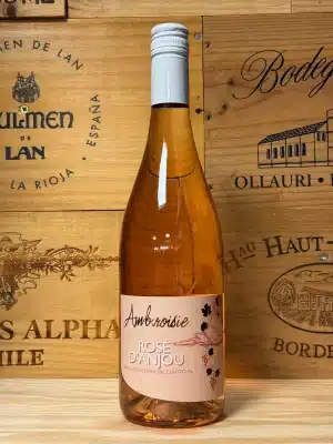 Ambroisie Rosé d'Anjou – charmante Franse rosé uit de Loire in een elegante fles met heldere roze tint. Lichtzoet, fruitig en zacht, met tonen van aardbei, framboos en rozen. Perfect voor borrels, lichte gerechten en zomerse avonden.