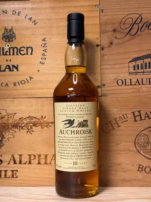 Auchroisk 10 Year Old Flora & Fauna – Speyside single malt whisky in 700ml fles met floraal etiket en heldere amberkleur.