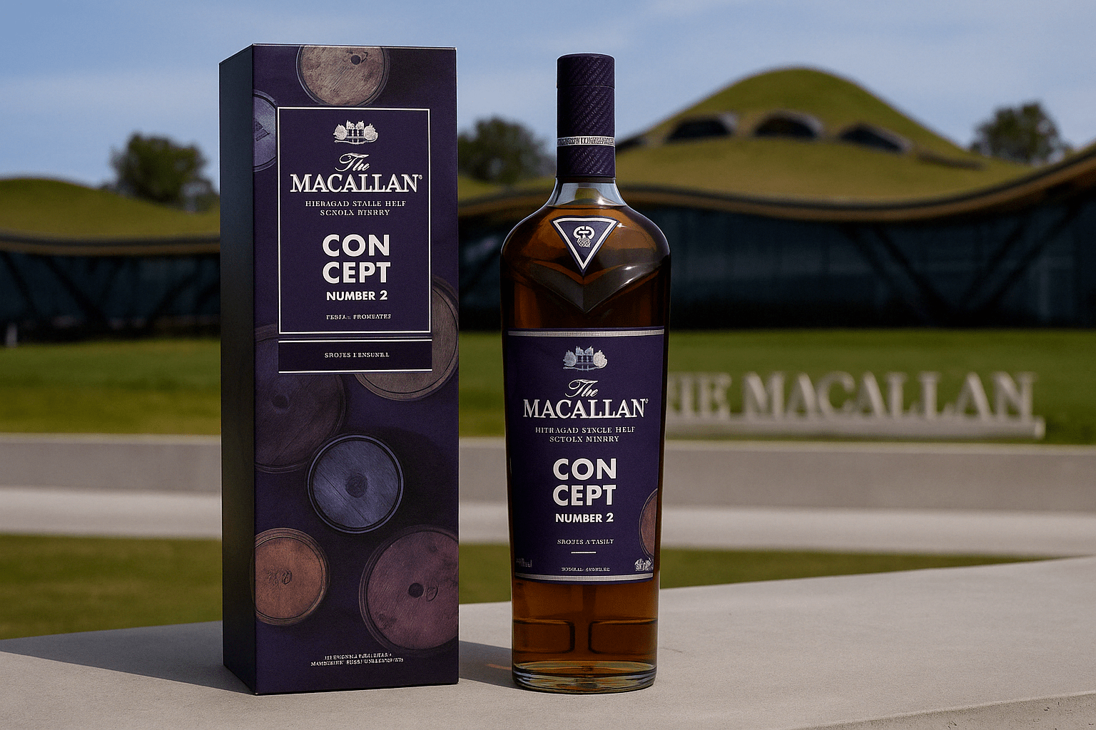 Fles The Macallan Concept Number 2 met verpakking, gepresenteerd voor de iconische Macallan-distilleerderij met zijn moderne architectuur en groene landschap op de achtergrond. Eén van de Macallan Specials