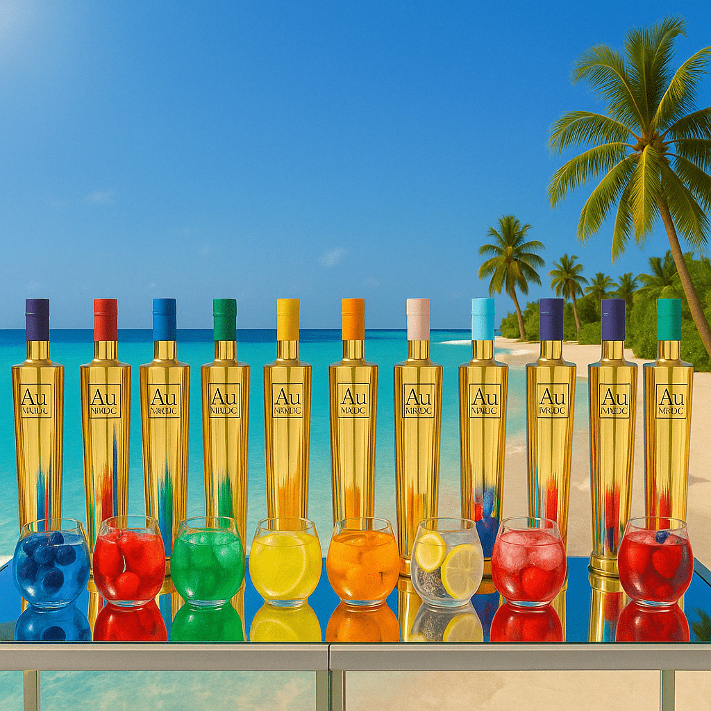 Een rij kleurrijke Au Vodka flessen en bijpassende cocktails op een spiegelende tafel, met op de achtergrond een tropisch eiland met palmbomen, wit zand en een felblauwe zee onder een heldere lucht.