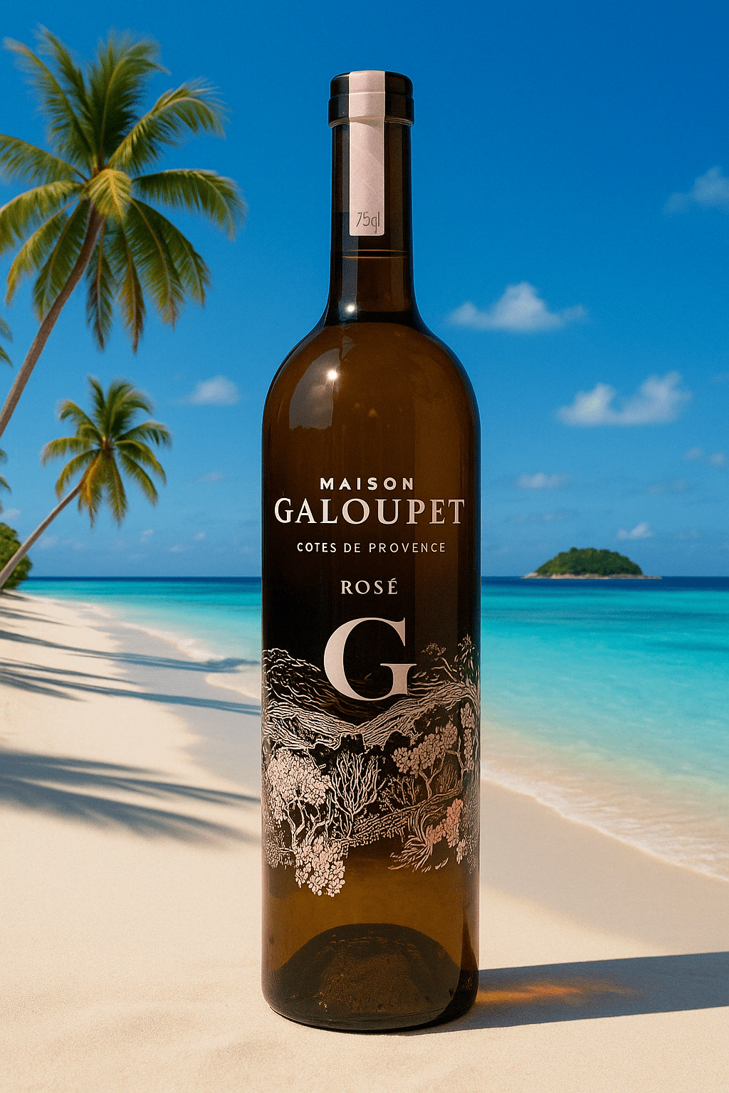 Fles Maison Galoupet Rosé op een tropisch strand met wit zand, helderblauw water, palmbomen en een eiland in de verte – zomerse sfeer en premium wijnbeleving. Exclusief rosé-assortiment van wereldklasse