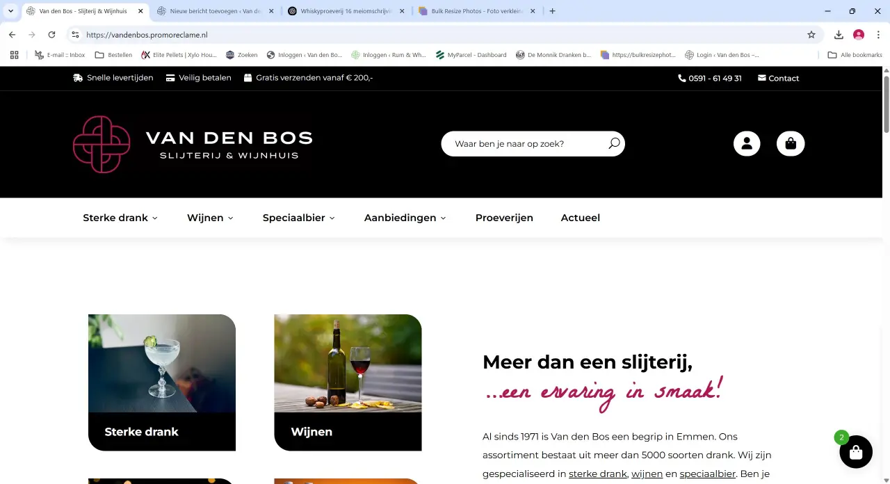 Vernieuwde website van Slijterij van den Bos met fris design en uitgebreid assortiment aan whisky, rum en andere dranken.
