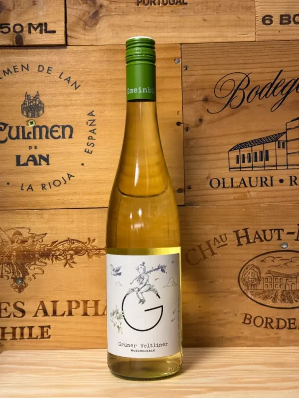 Fles Gmeinböck Grüner Veltliner Muschelkalk – droge, frisse witte wijn uit Oostenrijk met kalkrijke expressie.