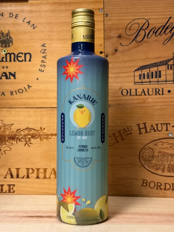 Fles Kanari Lemon Shot – frisse citroenlikeur met zachte afdronk en vrolijke gele uitstraling, perfect voor feest en zomer.