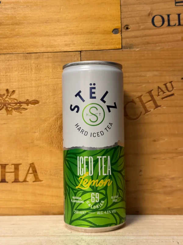 Blikje STËLZ Hard Seltzer Lemon Iced Tea – verfrissende hard seltzer met ijsthee en citroensmaak, 4,5% alcohol, suikervrij en laag in calorieën.