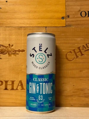 Blikje STËLZ Hard Seltzer Classic Gin & Tonic – frisse hard seltzer met de klassieke smaak van gin & tonic, 4,5% alcohol, suikervrij en laag in calorieën.