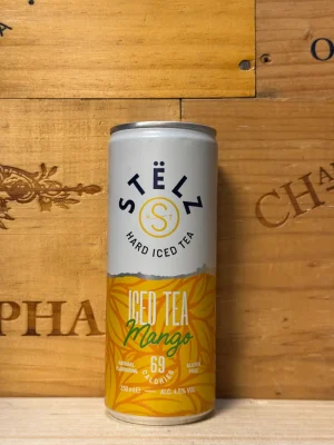 Blikje STËLZ Hard Iced Tea Mango – verfrissende hard iced tea met tropische mangosmaak, 4,5% alcohol, suikervrij en slechts 63 calorieën per blikje.