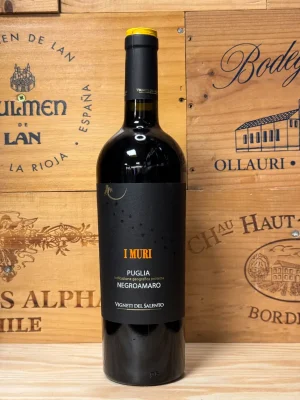 Fles I Muri Negroamaro – volle, zachte rode wijn uit Puglia met rijp zwart fruit, kruiden en elegante houttonen.