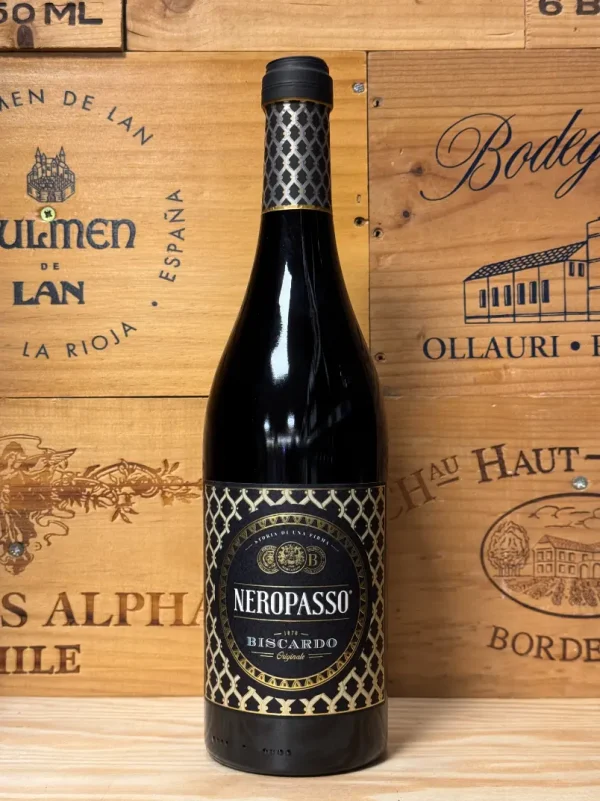 Fles Biscardo Neropasso – krachtige rode wijn uit Veneto met kersen, chocolade en zachte tannines, gemaakt met ingedroogde druiven.