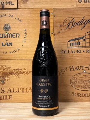 Fles Gran Maestro Appassimento Rosso – rode wijn uit Puglia met kersen, kruiden en een zachte, volle afdronk.
