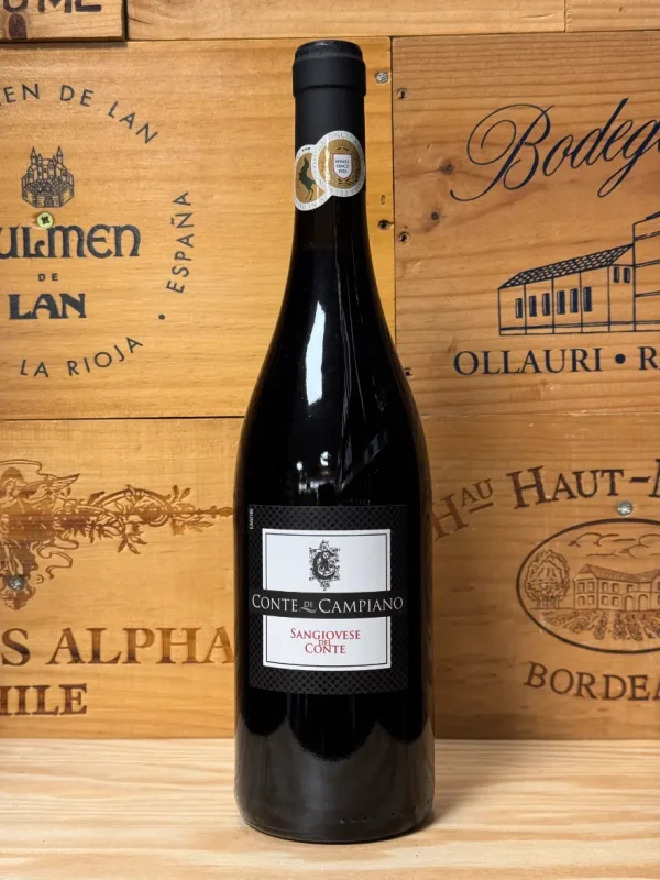 Fles Conte di Campiano Sangiovese – Italiaanse rode wijn met kers, pruim en zachte tannines uit Emilia-Romagna.