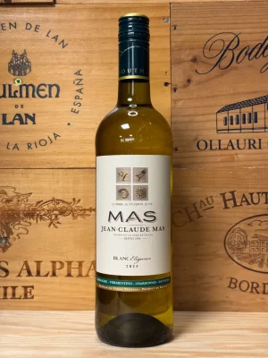 Fles Jean-Claude Mas Blanc Élégance – witte wijn uit de Languedoc met citrus, tropisch fruit en florale aroma’s.