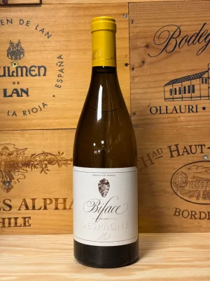 Fles Despagne Biface witte wijn uit Bordeaux met modern etiket en heldere lichtgele kleur