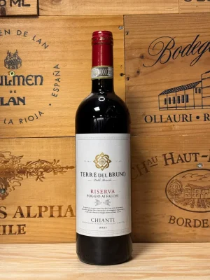Fles Terre Del Bruno Poggio ai Falchi Chianti Riserva DOCG met robijnrode kleur en elegante Italiaanse uitstraling