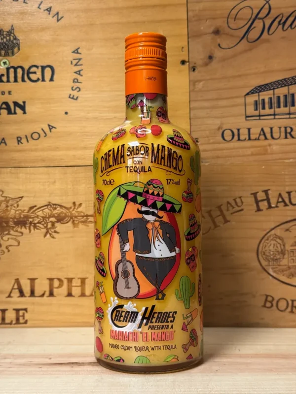 Fles Cream Heroes Mariachi El Mango met kleurrijk label en tropisch gele kleur, likeur op basis van tequila en mango