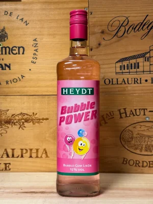 Fles Heydt Bubble Power bubbelgum-likeur in felroze kleur, ideaal voor feestelijke cocktails en shots