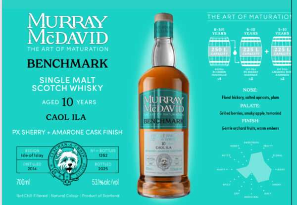 Murray McDavid Benchmark Caol Ila 10YO is een rokerige Islay single malt met PX sherry & Amarone cask finish. Complex en krachtig, 53,1% alc., gelimiteerd.