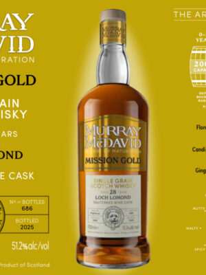 Fles Murray McDavid Loch Lomond 28 jaar – Mission Gold single grain whisky met Sauternes finish, tonen van citroen, honing en zachte specerijen.