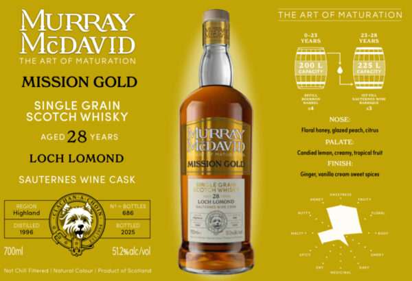 Fles Murray McDavid Loch Lomond 28 jaar – Mission Gold single grain whisky met Sauternes finish, tonen van citroen, honing en zachte specerijen.