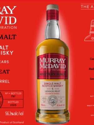 Fles Murray McDavid Mystery Malt Lennox Peat 6 jaar – rokerige single malt whisky met kustrook, citroen en turf, 56.3%, gelimiteerde release.