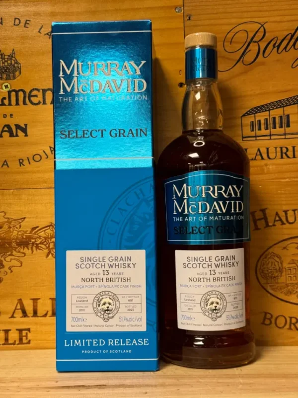 Fles Murray McDavid Select Grain North British 13Y – single grain whisky met port en PX finish, 51,7% alcohol, limited edition.