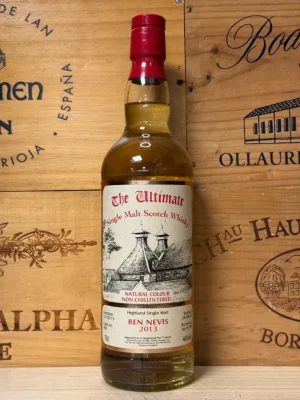 Fles The Ultimate Ben Nevis 2013 Cask 428 – 7 jaar oude single malt whisky uit de Highlands, gebotteld op 46% voor optimale drinkbaarheid.