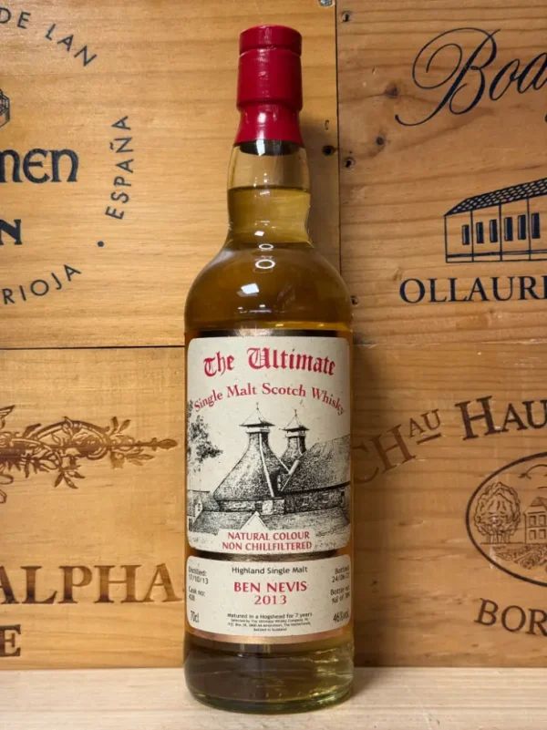 Fles The Ultimate Ben Nevis 2013 Cask 428 – 7 jaar oude single malt whisky uit de Highlands, gebotteld op 46% voor optimale drinkbaarheid.