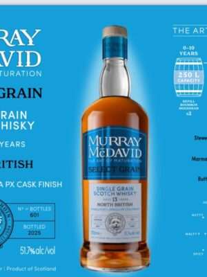 Fles Murray McDavid Select Grain North British 13Y – single grain whisky met port en PX finish, 51,7% alcohol, limited edition.