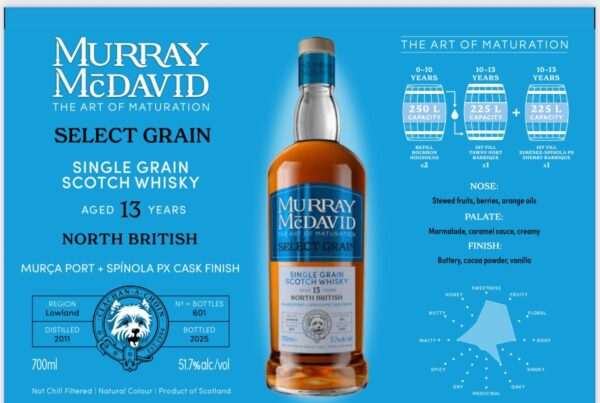 Fles Murray McDavid Select Grain North British 13Y – single grain whisky met port en PX finish, 51,7% alcohol, limited edition.
