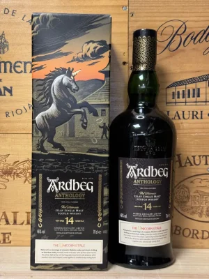 Fles Ardbeg Anthology The Unicorn’s Tale 14 Years Old whisky met Madeira-invloed, rook en tropische fruittonen