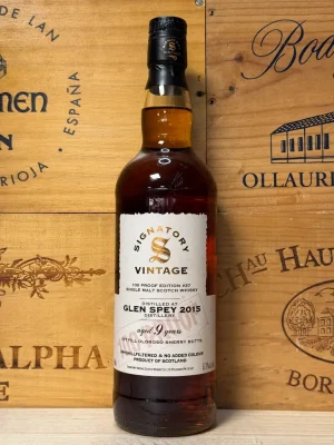 Fles Signatory Vintage Glen Spey 2015 9 jaar – 100 Proof – 57,1%, gerijpt op 1st fill Oloroso sherry butts. Sherrygedreven Speyside whisky.