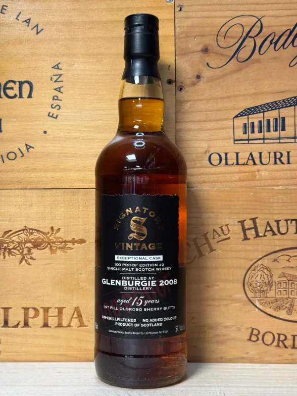 Fles Signatory Vintage Glenburgie 15 jaar 2008 Exceptional Cask – 1st fill Oloroso sherry butt rijping – 57,1% ABV.