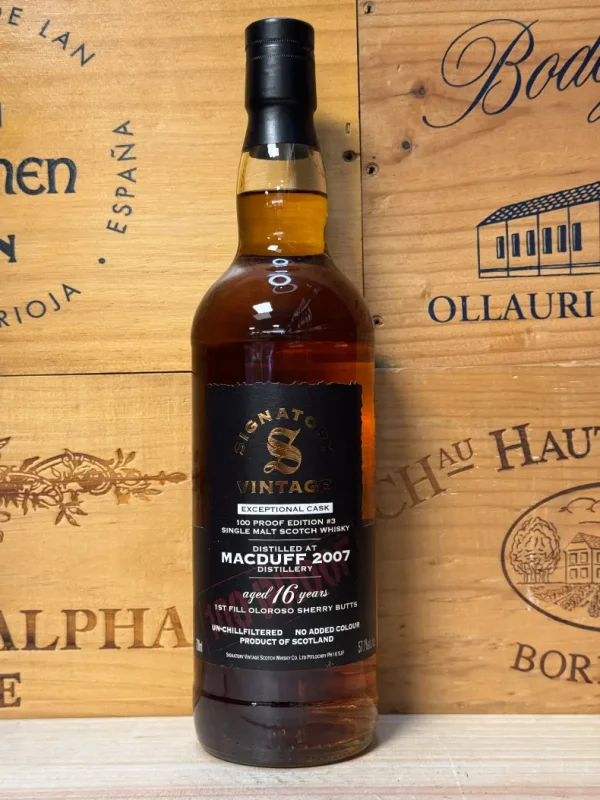 Fles Signatory Vintage Macduff 16 jaar 2007 Exceptional Cask – 1st fill Oloroso sherry butt rijping – 57,1% ABV.