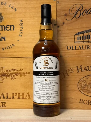 Fles Signatory Vintage Port Dundas 2008 16 jaar – 2nd fill Oloroso sherry butts – Cask 585867 & 585868 – 46% ABV.