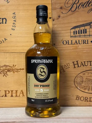 Fles Springbank 100 Proof 2025 – krachtige Campbeltown single malt op 57,1% alcohol, limited edition.