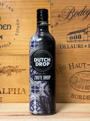 Fles Dutch Drop Likeur 0,7L 20% vol – donkere fles met Hollandse dropsmaak, perfect voor shots en cocktails.