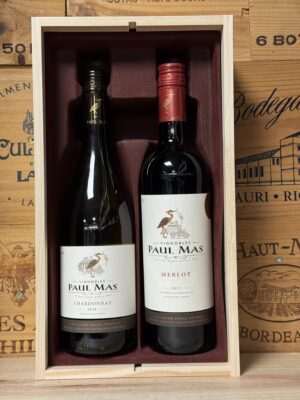 2 vaks houten wijnkist met Paul Mas Merlot en Chardonnay – luxe Frans wijncadeau van Slijterij Wijnhuis van den Bos.