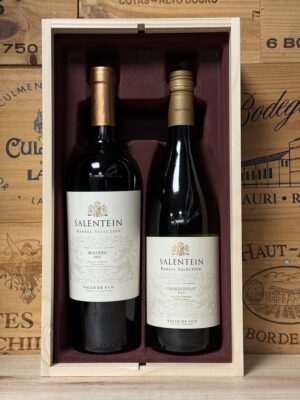 Luxe 2 vaks houten kist met Salentein Malbec Barrel Selection en Salentein Chardonnay Barrel Selection – exclusieve wijn geschenkverpakking ideaal als cadeau of relatiegeschenk.