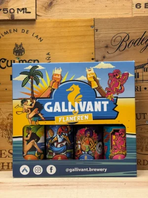 Brouwerij Gallivant geschenkverpakking met vier bieren – Mango Weizen, New England IPA, Dubbel IPA en Tripel – modern biercadeau vol karakter.