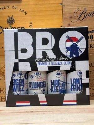 Avereest geschenkverpakking met vier bieren – Eigen Wiez, Klungel, Maf Kees en Lanter Fanter – een ambachtelijk biercadeau vol karakter en plezier.