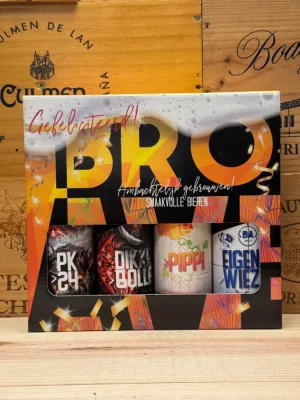 Avereest geschenkverpakking Gefeliciteerd met vier bieren – PK24, Dikke Bolle, Pipi en Eigen Wieze – een feestelijk biercadeau vol karakter.
