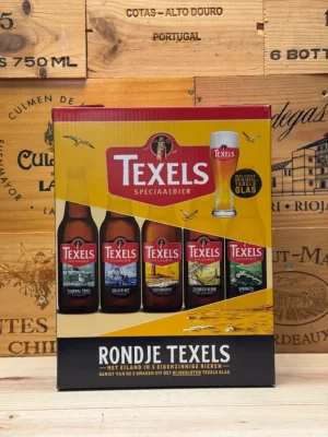 Texels Rondje Texel geschenkverpakking met vijf bieren – Vuurbaak, Skuumkoppe, Blond, Tripel en Skiller Wit – inclusief Texels bierglas.