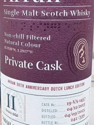 Fles Arran 11 jaar Private Cask 30th Anniversary Dutch Lunch Edition single cask whisky met PX finish, 57,3%, 700 ml.