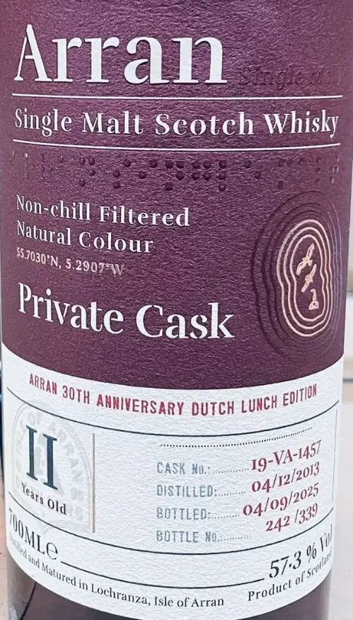 Fles Arran 11 jaar Private Cask 30th Anniversary Dutch Lunch Edition single cask whisky met PX finish, 57,3%, 700 ml.