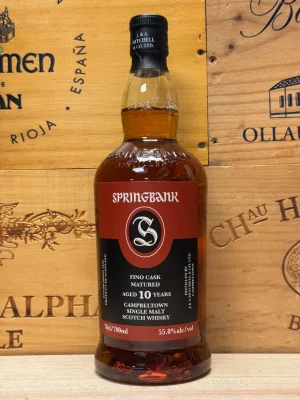 Fles Springbank 10 jaar Fino Cask 55,0% limited edition whisky met lichte turf en elegante Fino-sherryinvloed.