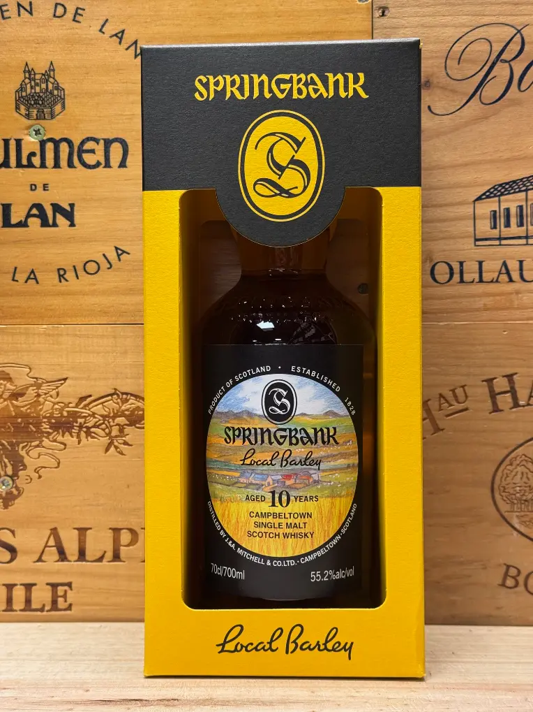 Fles Springbank Local Barley 10 jaar 55,2% 2025 release met natuurlijke verpakking, luxe uitstraling en exclusieve Campbeltown-stijl.