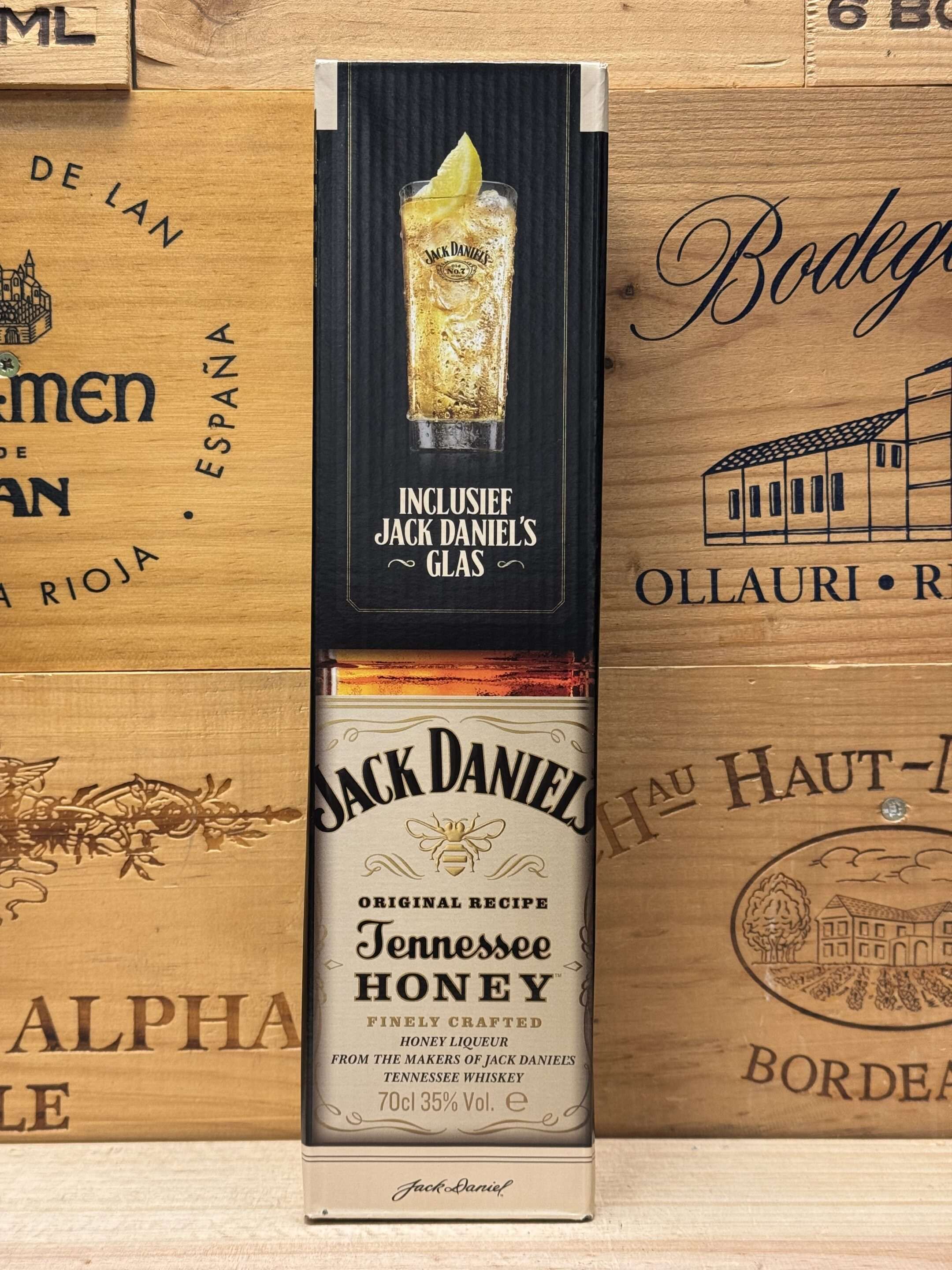 Jack Daniel’s Tennessee Honey 0,7L geschenkverpakking met glas – luxe whiskeycadeau met zachte smaak van honing en klassieke uitstraling.