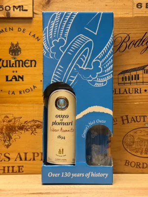 Plomari Ouzo met glas in luxe geschenkverpakking – authentieke Griekse anijsdrank uit Lesbos, ideaal als cadeau of relatiegeschenk.