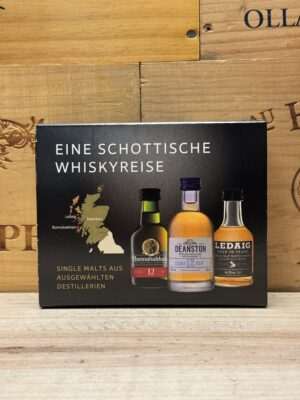 Geschenkverpakking met drie whiskymini’s – Bunnahabhain 12 jaar, Deanston 12 jaar en Ledaig 10 jaar – luxe Schotse single malt giftset.