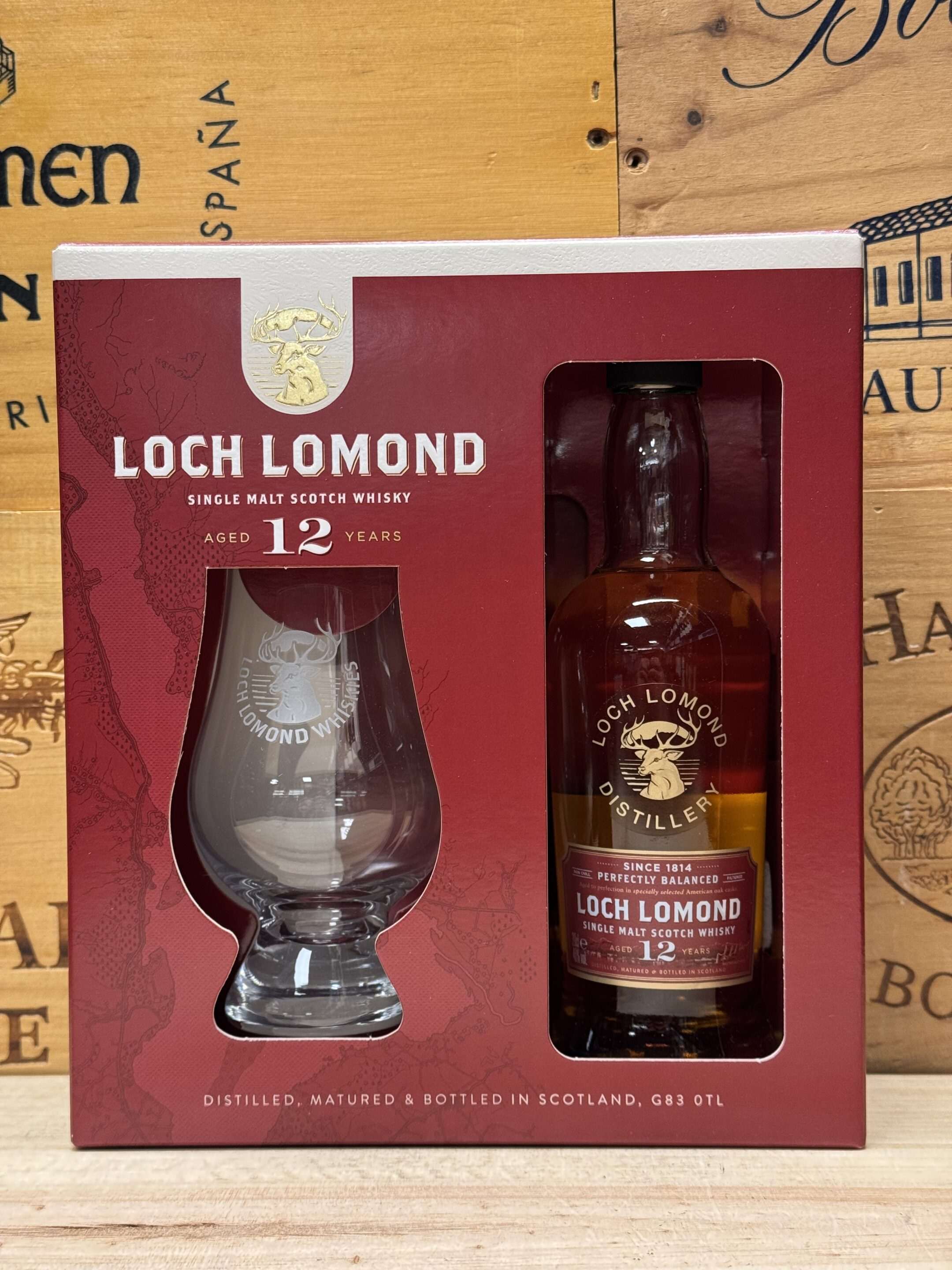 Loch Lomond 12 jaar cadeaupakket met glas – luxe geschenkverpakking met 0,2L single malt whisky en origineel whiskyglas.